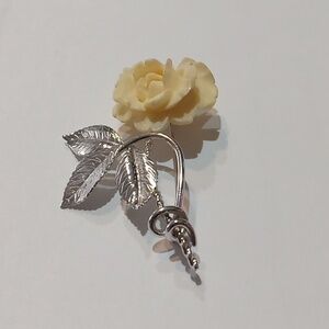 Elegant Cream Rose and Silver Leaf Brooch